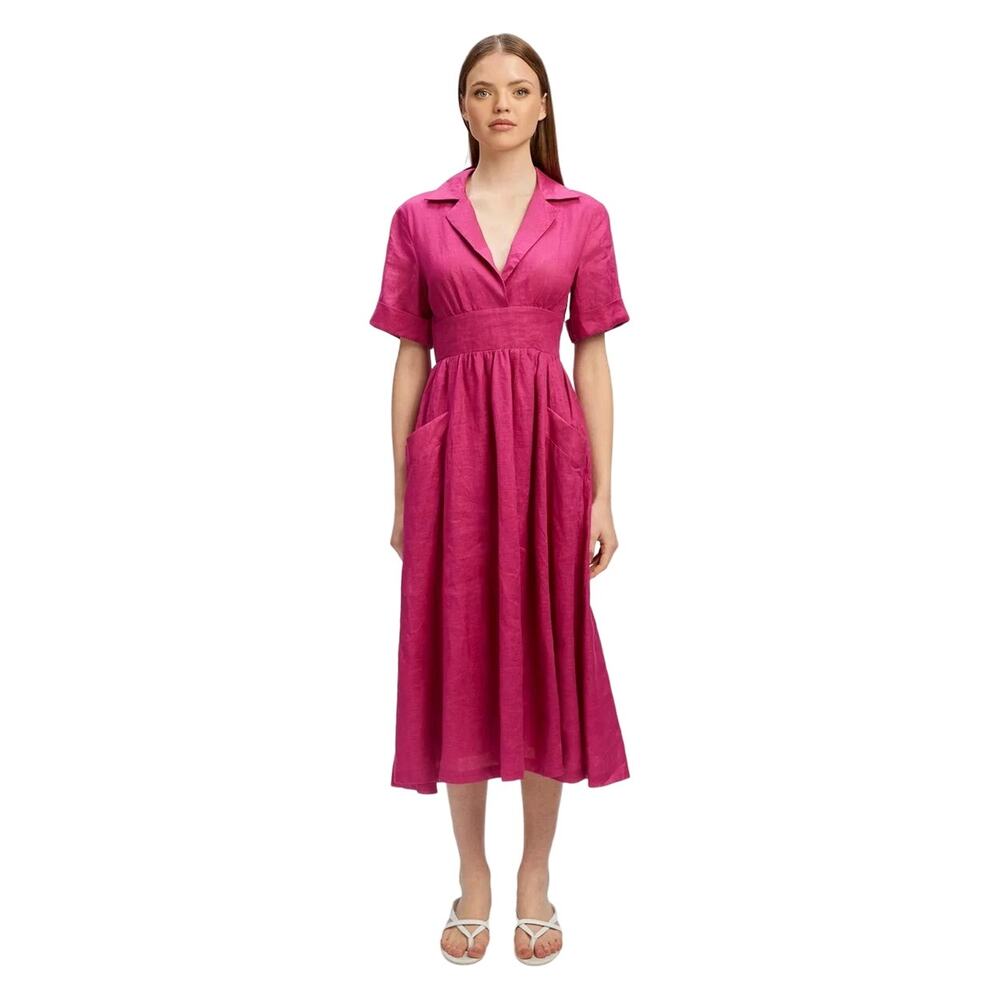 Bardot Size S Raspberry Hazel 100% Linen Midi Shirt Dress Short Sleeve